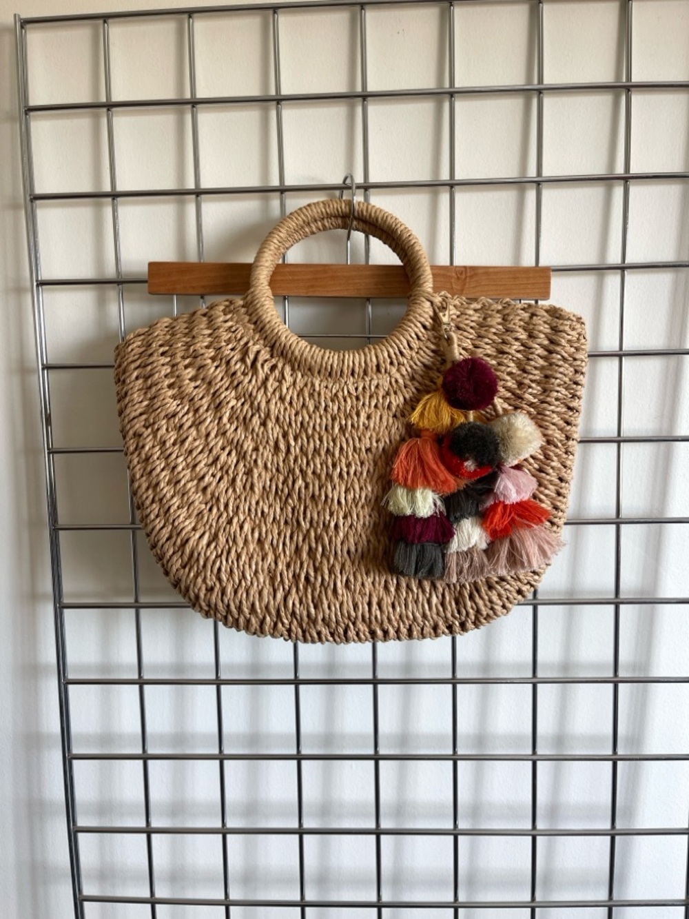 Beach Bag Woven Straw Tote with Multicolor Tassel Charm